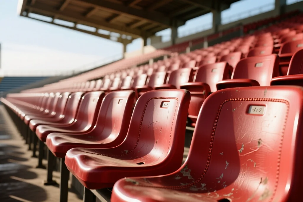 Filas de cadeiras vermelhas vazias numa bancada de estádio em primeiro plano