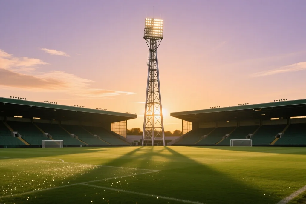 Torre de projetores de estádio sobre um relvado verde vazio, no início da noite