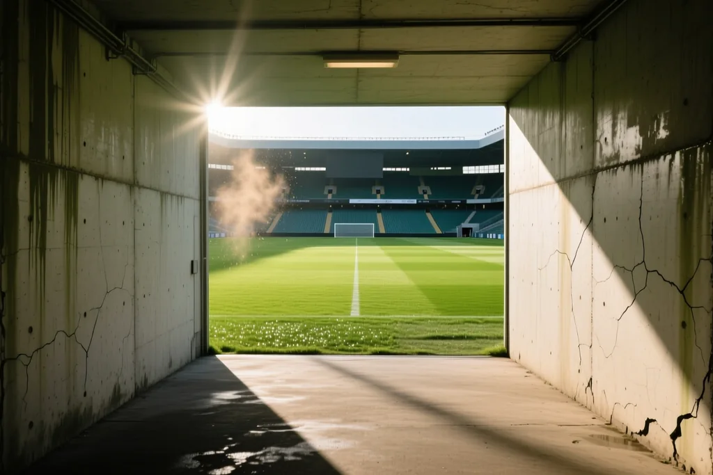 Túnel vazio de estádio de futebol a desembocar num relvado verde iluminado