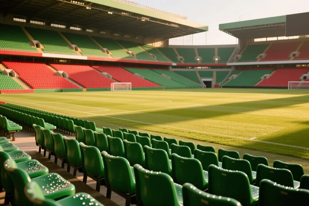 Bancada vazia de um estádio com blocos de cadeiras verdes e vermelhas e o relvado ao fundo