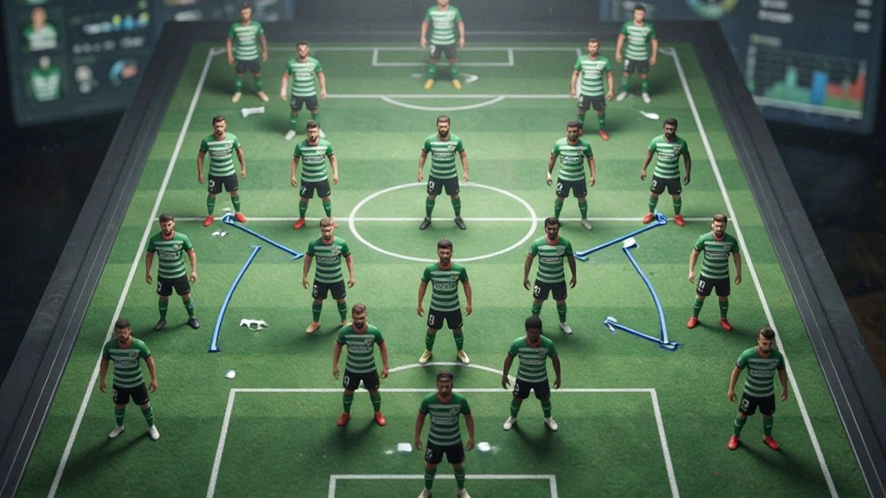 Relva cortada em faixas verdes e brancas num relvado de futebol