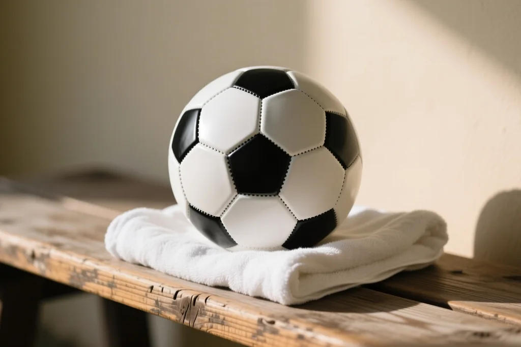 Pilha de camisolas de futebol dobradas em cores lisas sobre um banco de madeira, sem logos